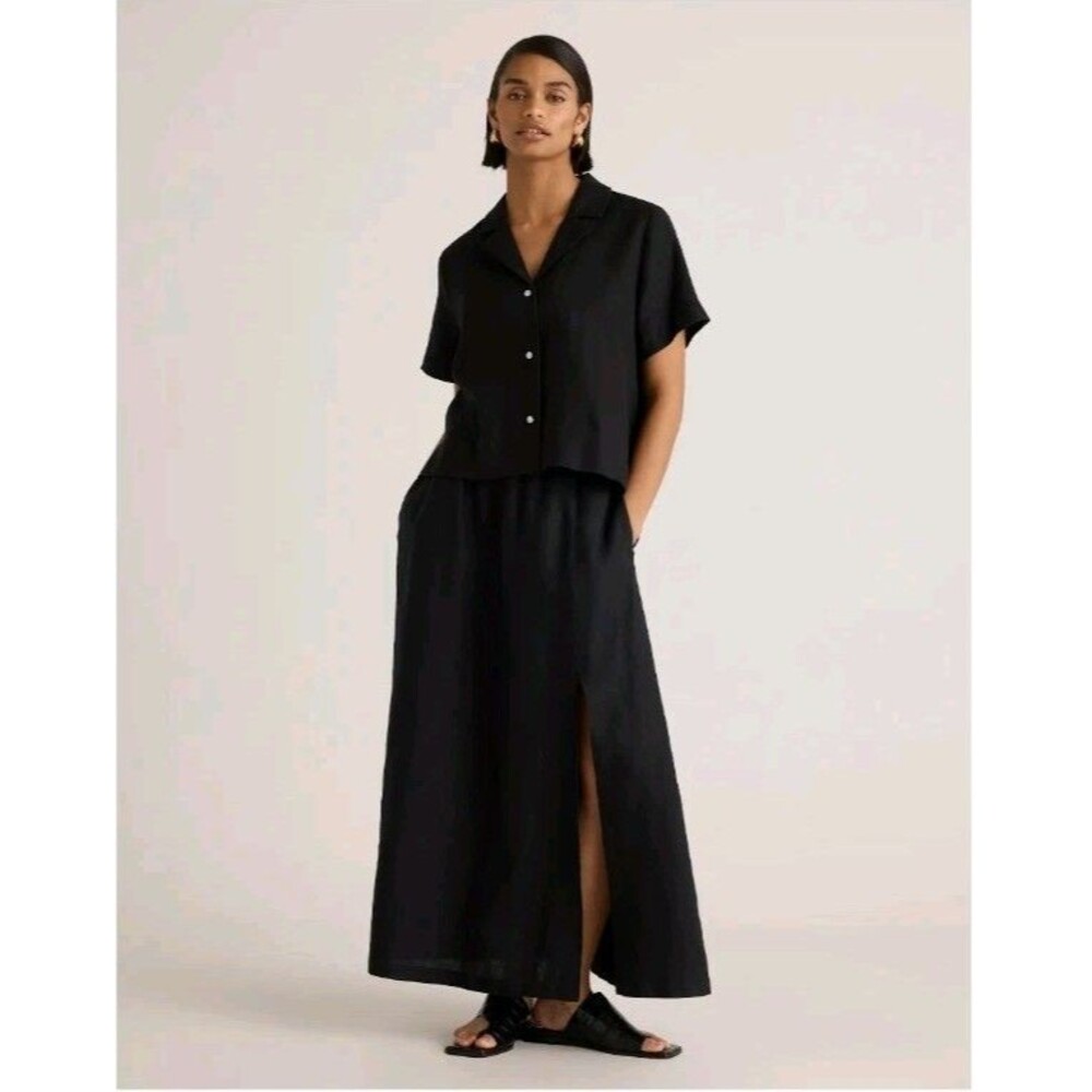 Quince 100% European Linen Minimalist Front Slit Elastic Waist Maxi Skirt Small